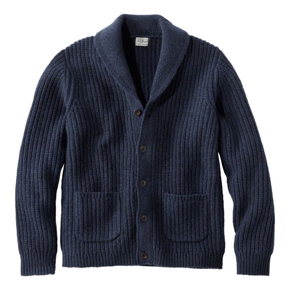 L.L. Bean Mens Classic 100% Lambs Wool Sweater Cardigan Size Medium in Navy